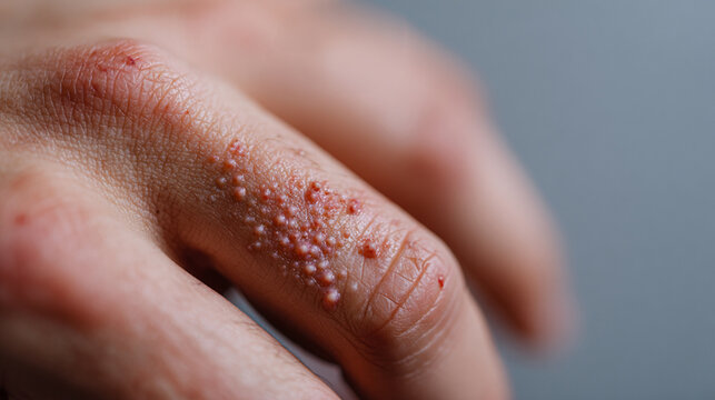 Close-up of Mpox virus skin lesions being pointed with a finger, monkeypox infection awareness and medical diagnosis concept