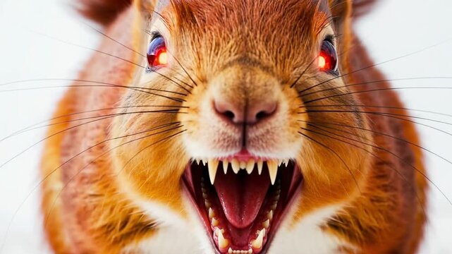 Raging squirrel, animal rabies. An enraged animal lunges directly at the camera, its mouth wide open, revealing sharp teeth.
