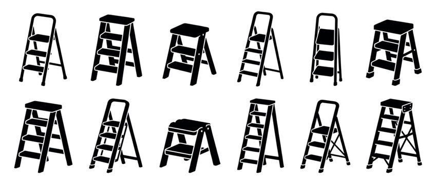 Twelve black silhouette step ladders and step stools are depicted in a flat vector style, showcasing different designs and step counts