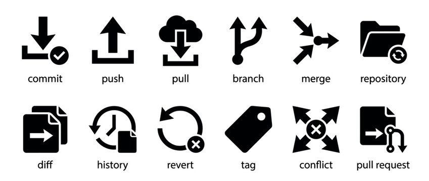 Twelve black vector version control system icons are neatly arranged, illustrating various software development and code management concepts in a clean, modern, and detailed graphic style