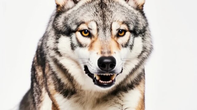 Mad wolf, animal rabies. An enraged animal lunges straight at the camera, its mouth wide open, revealing sharp teeth.
