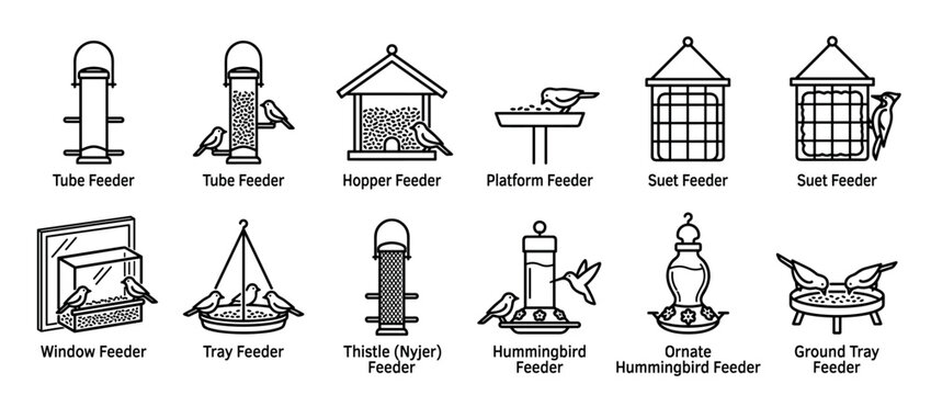 Comprehensive set of various bird feeder types illustrated with clean black line art icons, showcasing designs like tube, hopper, suet, platform, and hummingbird feeders