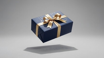 Fototapeta premium Elegant navy blue gift box with gold ribbon floating on gray background