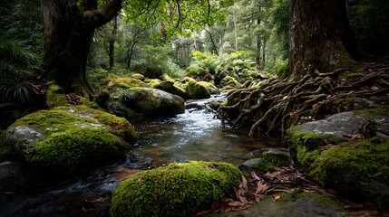 Obraz premium A serene forest stream with moss-covered rocks and trees in a natural setting