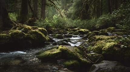 Obraz premium A serene forest stream with moss-covered rocks and trees in the background