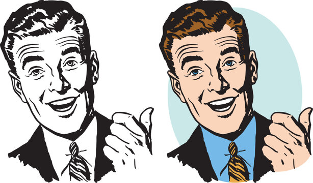 A vintage retro illustration of a businessman pointing at something over his shoulder.