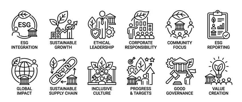 Twelve black outline ESG concept icons are neatly arranged in a grid, illustrating various aspects of environmental, social, and governance principles with a modern, minimalist style