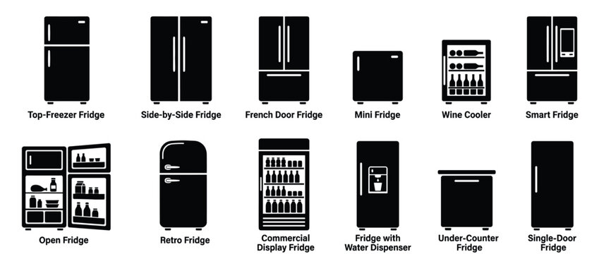 Twelve distinct black silhouette refrigerator appliance icons illustrate various modern and classic fridge types in a clean, minimalist flat design style