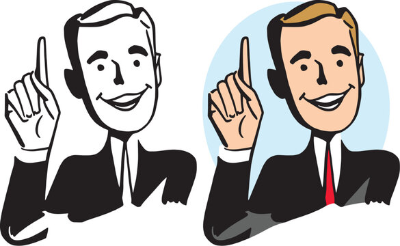 A vintage retro cartoon of a businessman pointing up. 