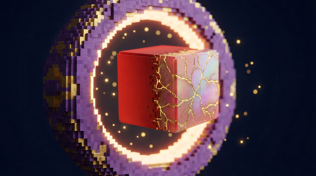 Ultra close-up circular portal of interlocking purple gold voxels, red cube emerging transformed with gold veining