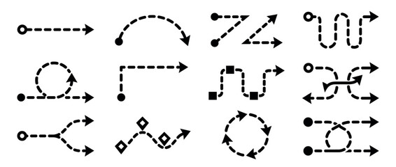 Obraz premium Twelve black dashed line arrow icons illustrating various path directions and movements, presented in a clean, graphic, and illustrative style
