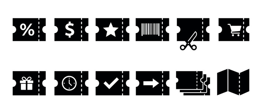 Black coupon icon set with various symbols including percentage, dollar, star, barcode, scissors, and a shopping cart, presented in a flat, minimalist style