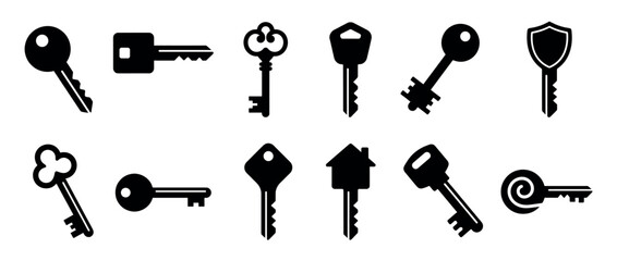 Obraz premium Collection of diverse black silhouette key icons, featuring various shapes and styles including modern, antique, house, and shield designs, presented as graphic symbols