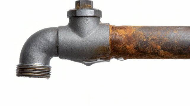 Leaking rusty pipe dripping water in slow motion on white background