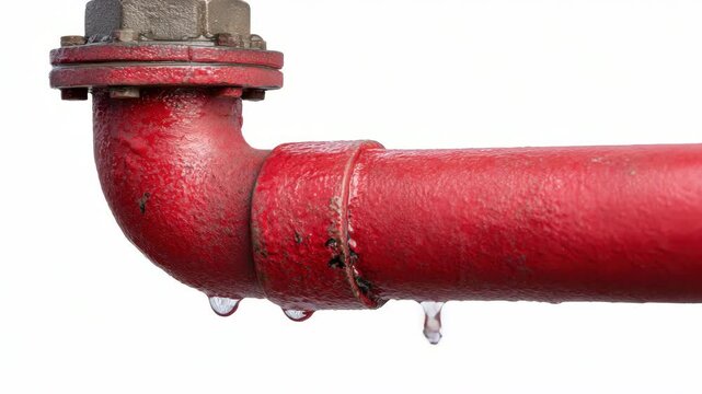 Red pipe dripping water: closeup of droplets forming and falling