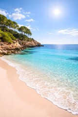 Fototapeta premium Sunny Mediterranean beach with turquoise water and pine trees, idyllic summer coast