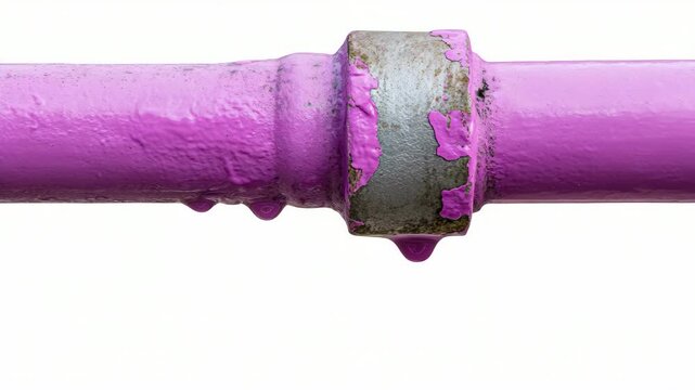 Closeup of dripping purple pipe with rusty fittings over time