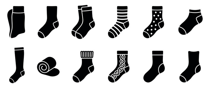 Various black silhouette sock icons showcasing different styles and patterns, presented as a clean, minimalist graphic illustration set with white outlines