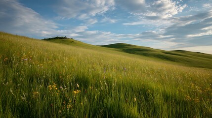 Obraz premium A serene landscape of rolling green hills with wildflowers under a blue cloudy sky