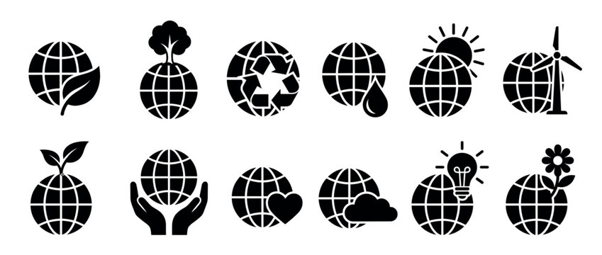 Twelve black glyph icons depicting globes with environmental symbols, representing sustainability, ecology, and renewable energy in a clean, modern, graphic style
