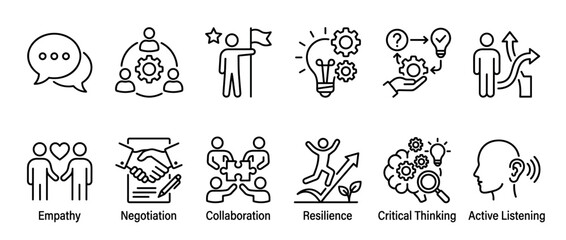 Obraz premium This collection of black line art icons illustrates various essential business and soft skills, depicting concepts like communication, teamwork, and critical thinking in a clean, minimalist style
