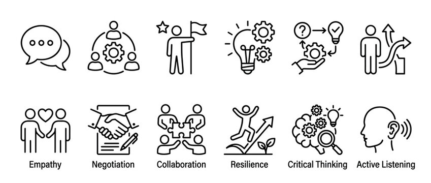 This collection of black line art icons illustrates various essential business and soft skills, depicting concepts like communication, teamwork, and critical thinking in a clean, minimalist style