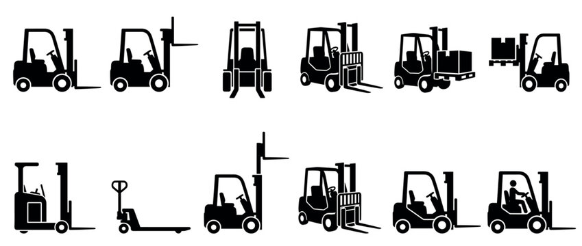 Black silhouette icons of various forklifts and a pallet jack are depicted in a clean, graphic style, showcasing different views and operational states