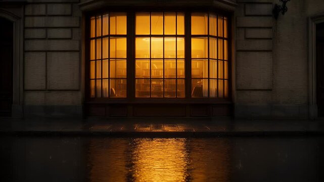 Warmly lit bay window of an old building reflects on a wet street, dark night ambiance