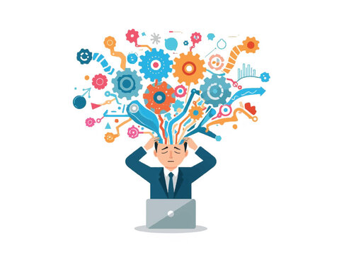 Overwhelmed businessman with exploding head and gears from laptop, symbolizing stress and overload of information, technology and mental health