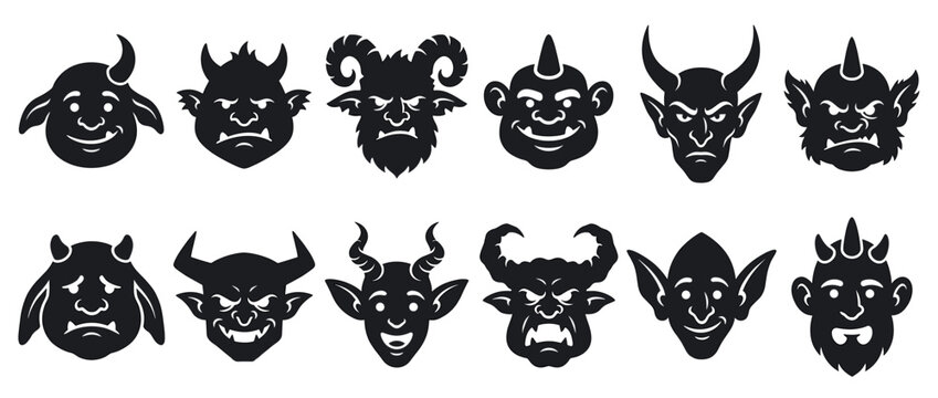 Twelve black silhouette monster and devil faces, each with unique horns, ears, and expressions, presented in a graphic, iconic vector style
