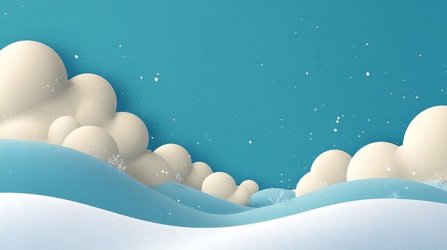 A serene winter landscape with snow and clouds under a blue sky with snowfall