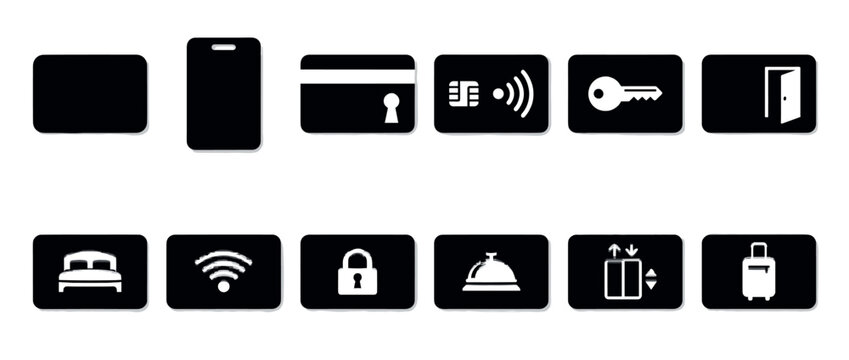Modern black and white rectangular hotel service icons are neatly arranged, depicting essential amenities and functions with a clean, minimalist graphic style