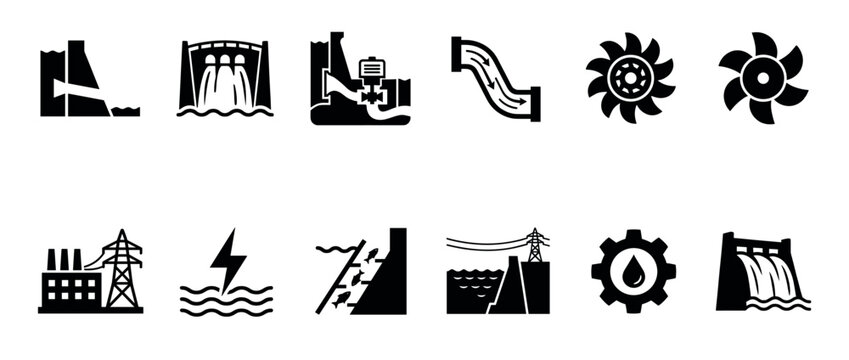 Collection of black silhouette hydroelectric power icons depicting dams, turbines, water flow, and energy generation symbols in a clean, graphic style
