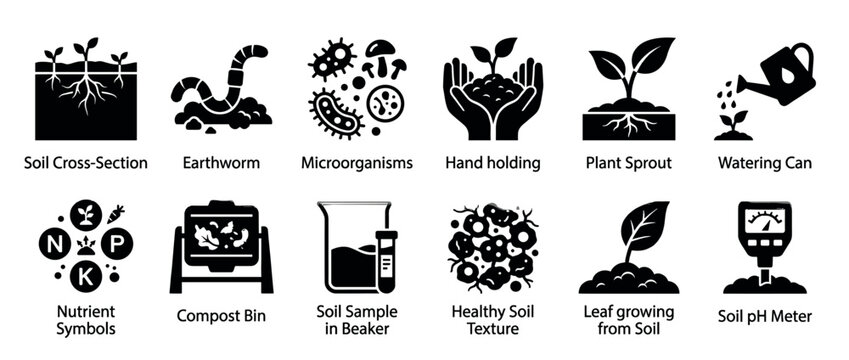 Twelve black and white soil and gardening icons illustrating various aspects of plant growth, soil health, and agricultural practices in a clean, graphic style