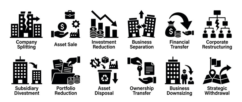 Ten black and white business icons illustrating various corporate restructuring, divestment, and reduction strategies, presented in a clean, modern, and symbolic graphic style