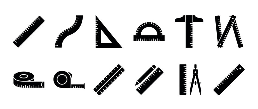 Various black silhouette measuring and drawing tools icons are neatly arranged, showcasing different instruments for precision and technical work in a clean, graphic style