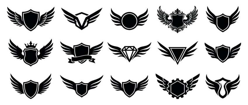 Fifteen black vector winged shield emblems and other heraldic designs, featuring crowns, diamonds, and gears, rendered in a bold graphic style