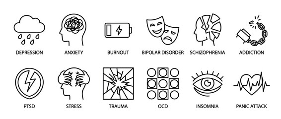 Fototapeta premium Twelve black outline icons representing various mental health conditions are arranged in a clear grid, illustrating common psychological disorders and emotional states with a clean, minimalist style
