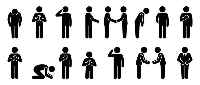 Black stick figures performing various greeting and respect gestures, including bowing, praying, saluting, shaking hands, and kneeling, presented as a clear pictogram set