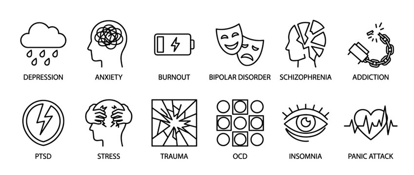 Twelve black outline icons representing various mental health conditions are arranged in a clear grid, illustrating common psychological disorders and emotional states with a clean, minimalist style