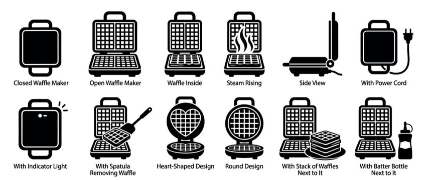 Twelve black and white waffle maker icons illustrate various designs, states, and accessories for breakfast cooking, presented in a clean vector style