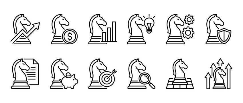 Twelve black outline chess knight icons representing business strategy, financial growth, and analytical concepts, rendered in a clean line art style