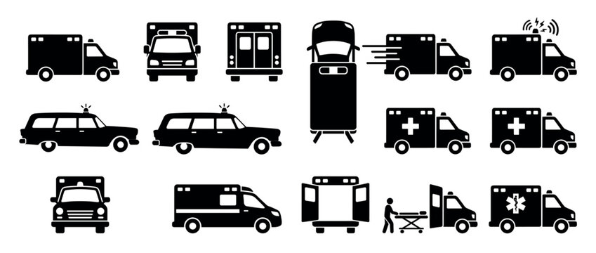 Various black silhouette ambulance and emergency vehicle icons are shown from various angles, with medical crosses, Star of Life symbols, and motion lines, presented in a graphic, minimalist style