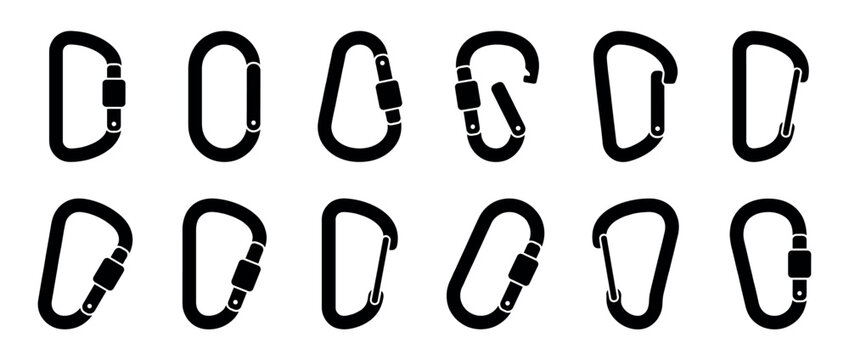 Twelve black silhouette carabiner icons with various gate designs, including screw and spring-loaded mechanisms, presented in a clean, minimalist, and iconic vector style