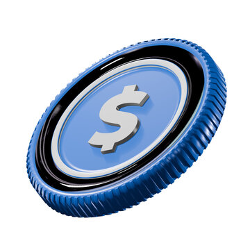 Premium 3D blue and black glossy dollar coin. Shiny professional crypto token inspired by USD for financial and investment projects, isolated on white.