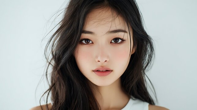 A young Asian woman with long dark hair and a neutral expression