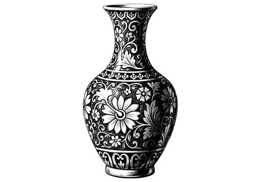Ornate black and white floral patterned vase with a slender neck and bulbous body