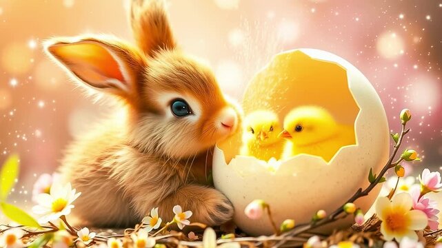 Easter bunny and Easter chicks in eggshells