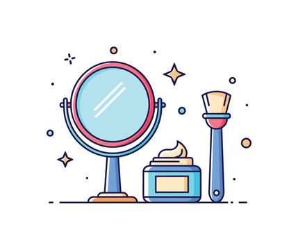 Morning beauty routine theme showing a mirror paired with a small cream jar and brush silhouette, expressing freshness and daily skincare habits. The balanced