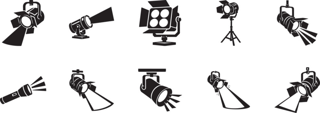 Spotlight thin line icon set with lamp projector flashlight and stage lighting symbols for UI design.